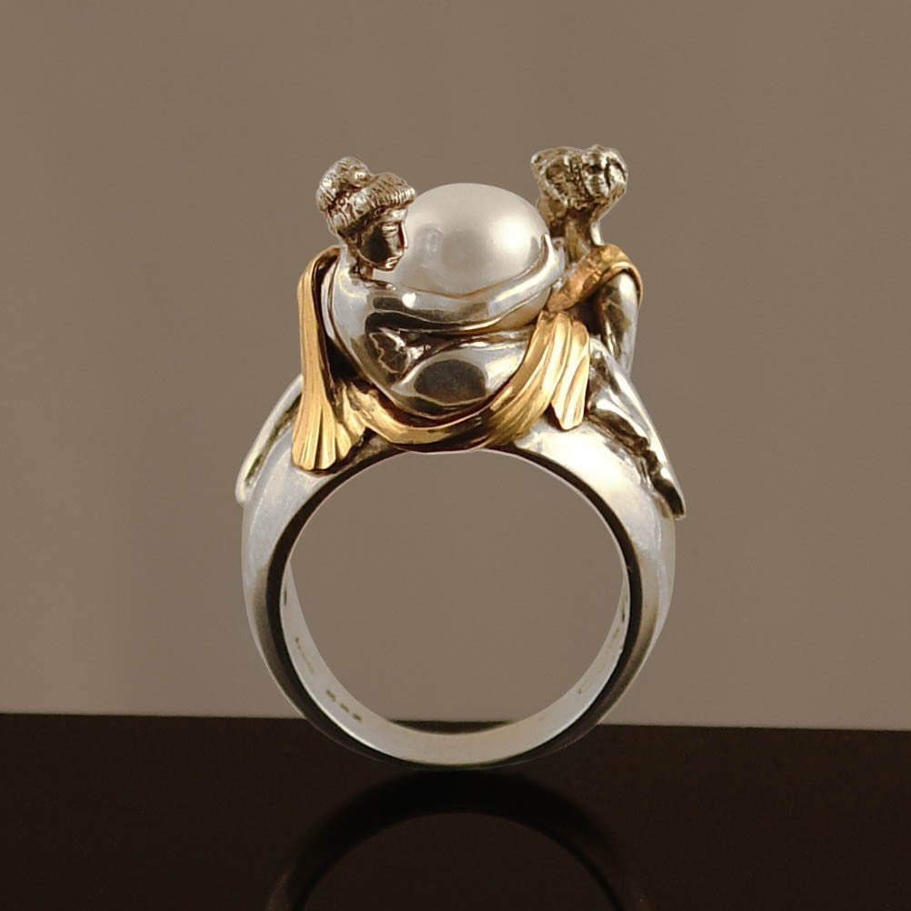 TWO BEAUTIES silver & 14k gold Pearl ring