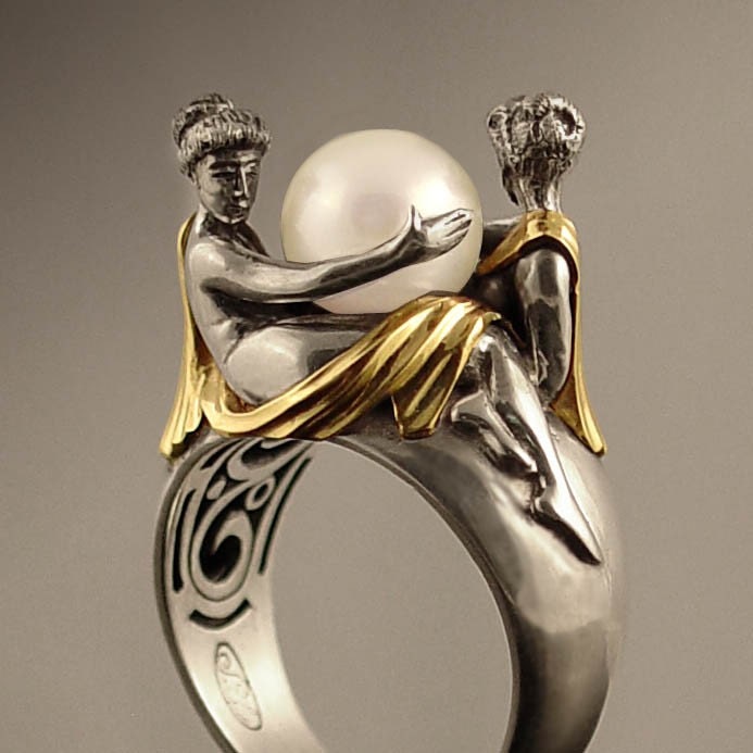 TWO BEAUTIES silver & 14k gold Pearl ring