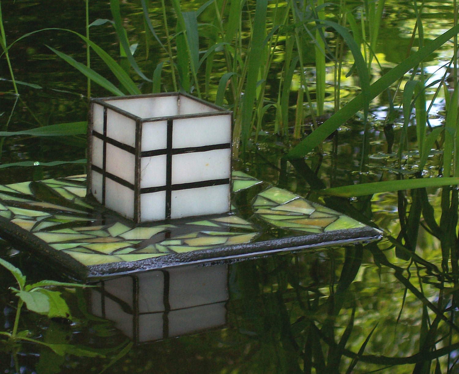 Japanese Floating Lantern, Garden Sculpture, Stained Glass Art for Water Gardens, Outdoor Rooms, Home Decor