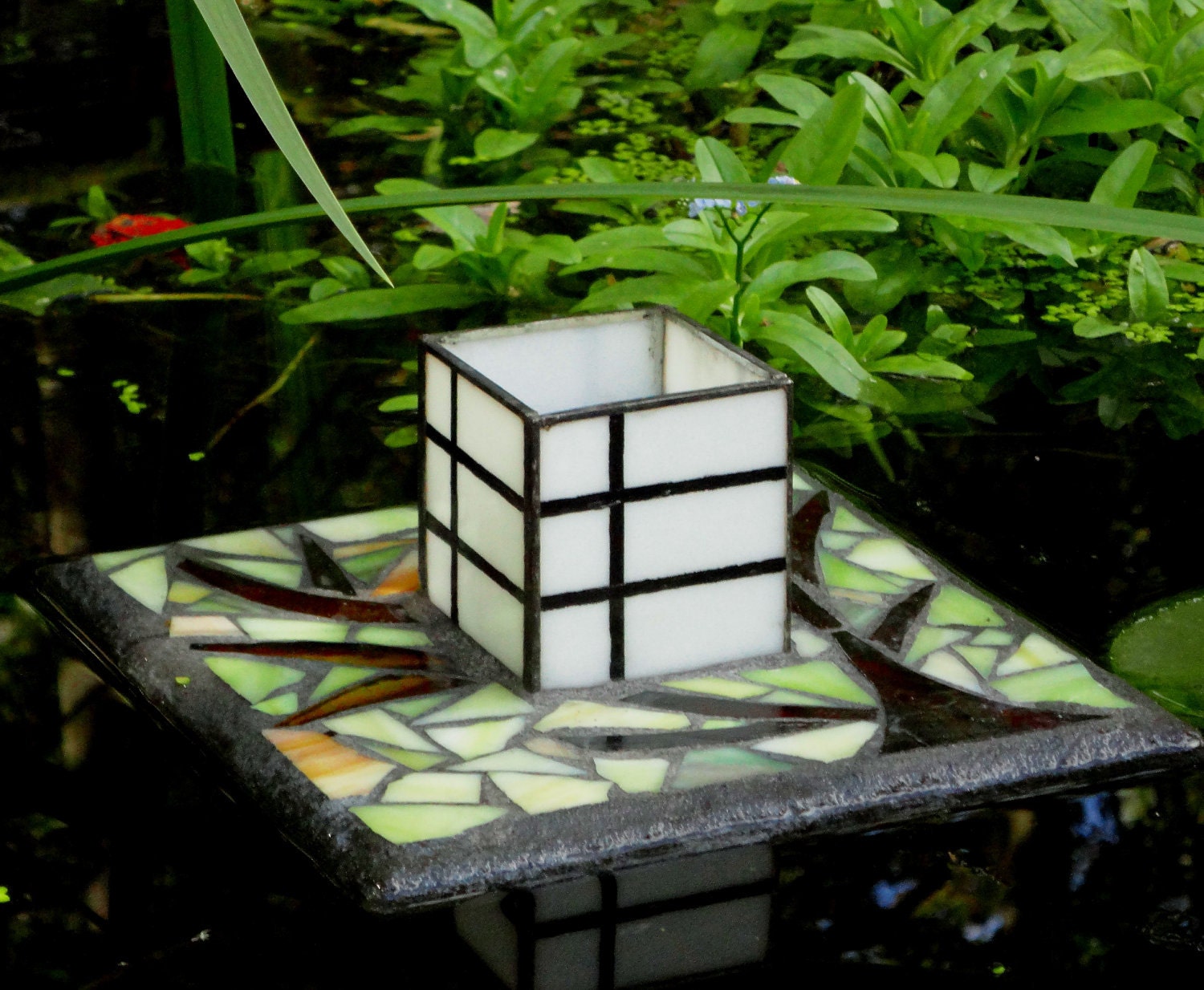 Japanese Floating Lantern, Garden Sculpture, Stained Glass Art for Water Gardens, Outdoor Rooms, Home Decor