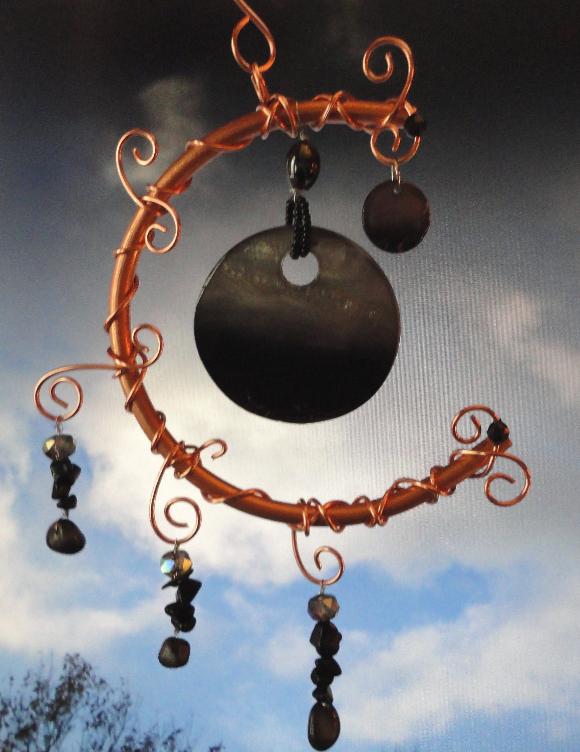 SALE, Dark Side of My Copper Moon, Garden Sculpture, Mobile, Wall Hanging, Black