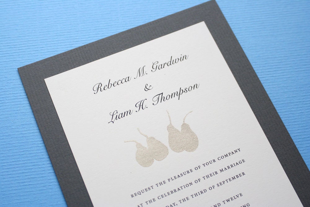 Pear Wedding Invitation set screen print in metallic silver ink and charcoal grey backing