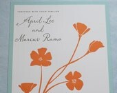 Poppy Wedding Invitation - tangerine orange and aqua blue - screen print eco friendly papers