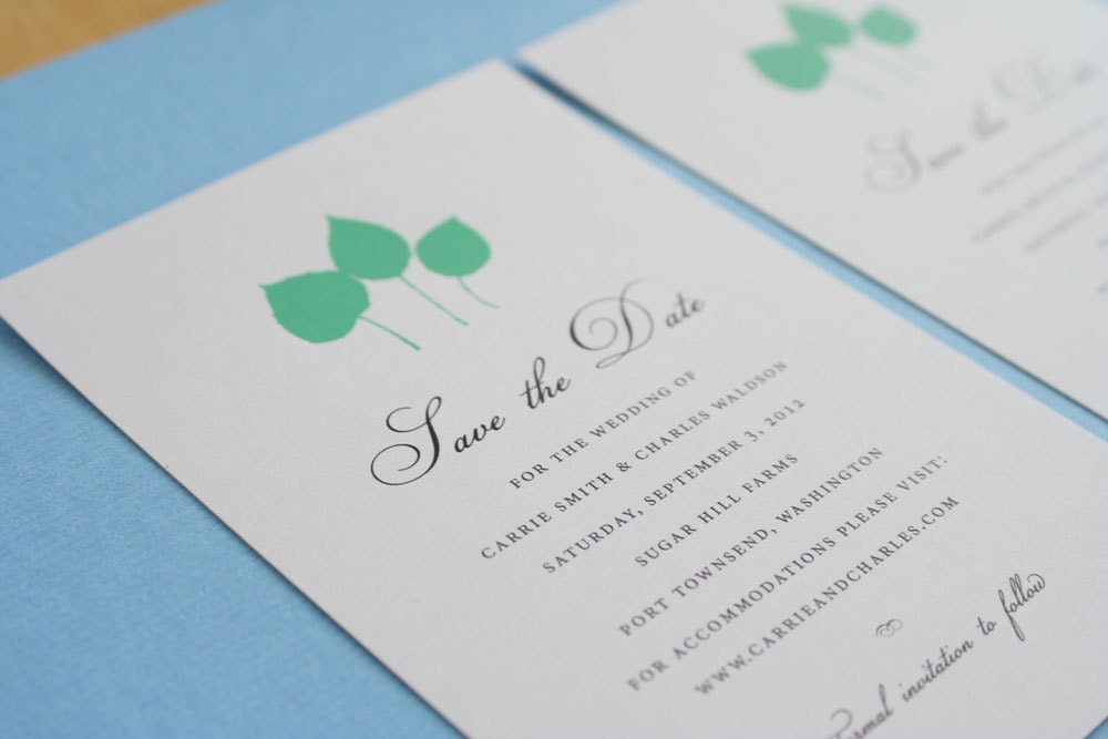 Mint Save the date postcard lovely aspen leaf design