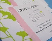 Ginkgo leaves screenprint in green and pink save the date card