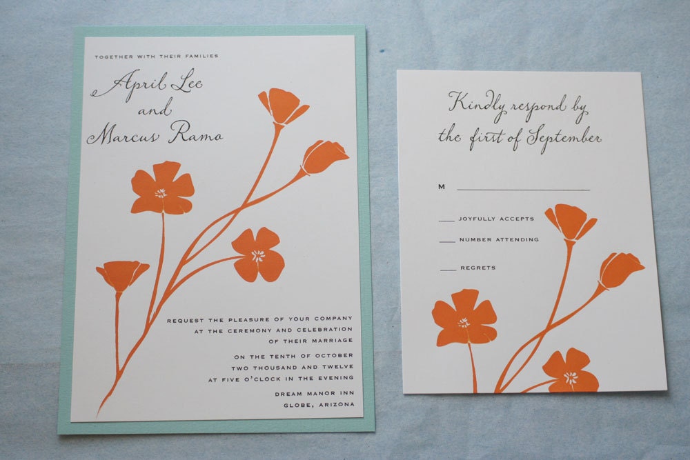 Poppy Wedding Invitation - tangerine orange and aqua blue - screen print eco friendly papers