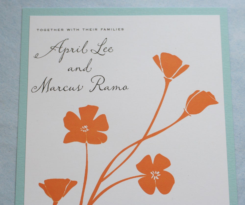 Poppy Wedding Invitation - tangerine orange and aqua blue - screen print eco friendly papers
