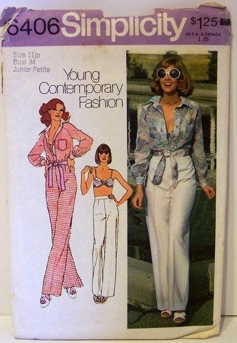 Vintage Simplicity Pattern 6406, Size 11 Junior, Tie-Front Shirt with Bra Top and Bell-Bottom Pants, 70's Disco