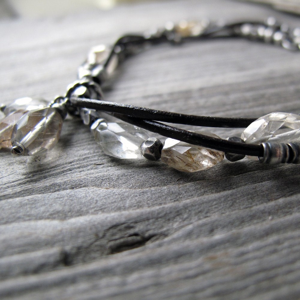 Intertwined Leather and Silver Bracelet with Rutilated Quartz