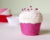 Pincushion - Felted Wool Cupcake, Strawberry and Vanilla