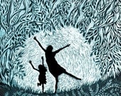 Sisters, Forest Dancers, Turquoise Color Tinted Scratchboard