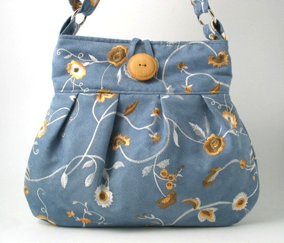 blue messenger, ultrasuede embroidery tote, purse, shoulder bag, cross body bag