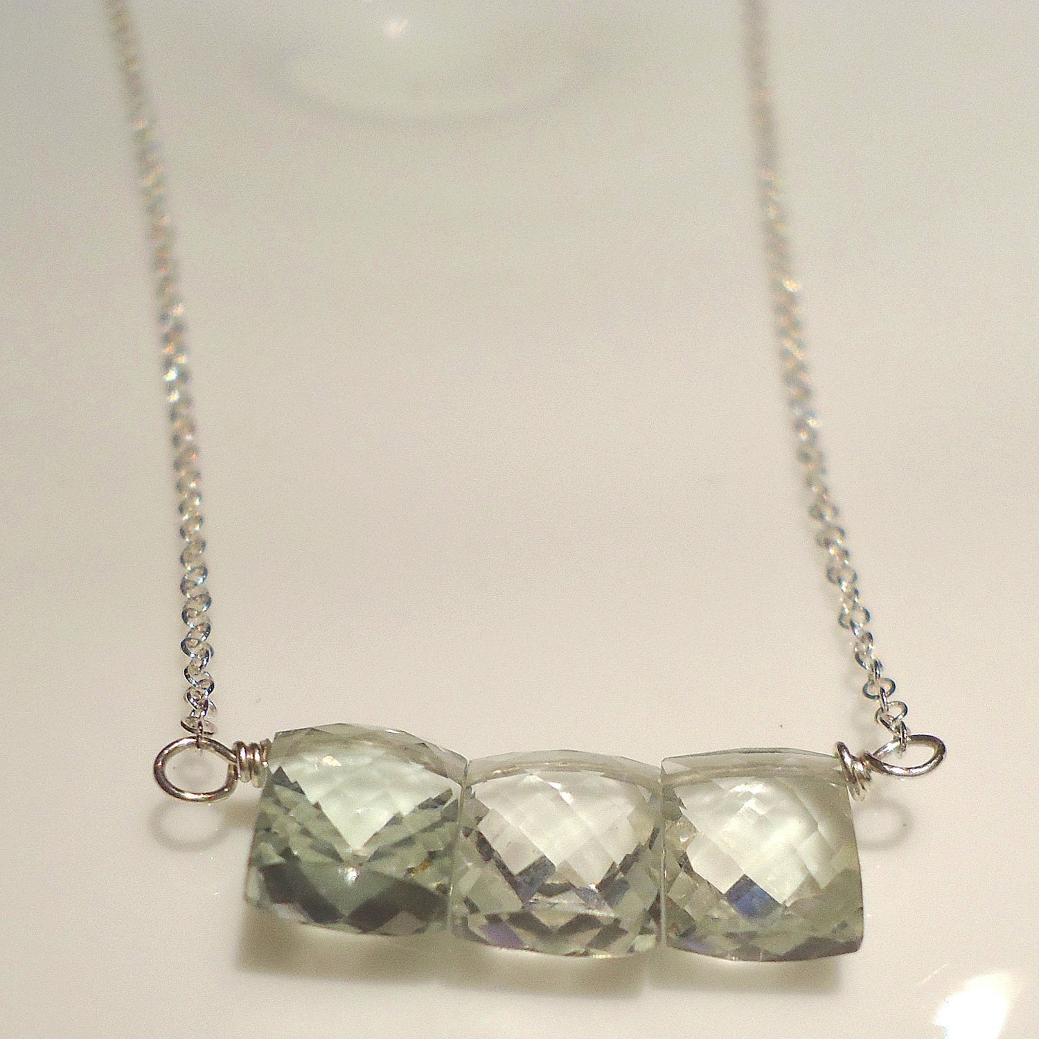 Bridesmaid Gift, Etsy Fashion, Green Amethyst Faceted Rectangle Gemstone Sterling Silver Necklace