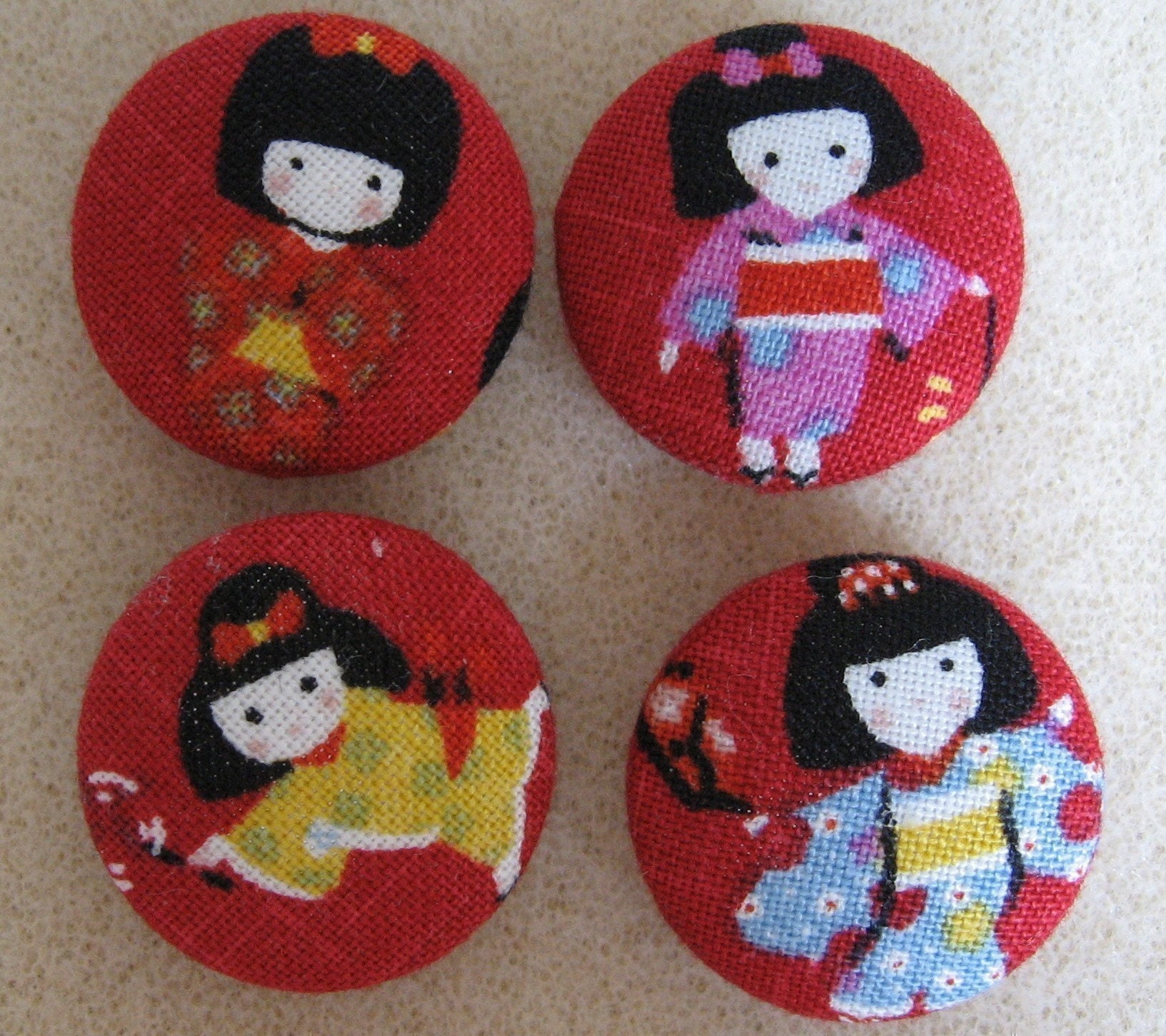 FOUR Fabric Covered Buttons        -  Kimonos in Red