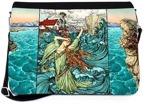 Messenger bag with TWO zip-off printed flaps. Undine the Mermaid  (Rackham) and  Fairies by Night  (Rackham) to swap as the mood takes you