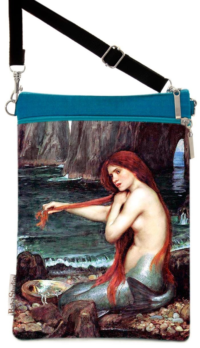 Mermaid, Pre-Raphaelite picture by Waterhouse on a silk and satin sling pouch. Long, adjustable shoulder strap. Teal pure silk backing.