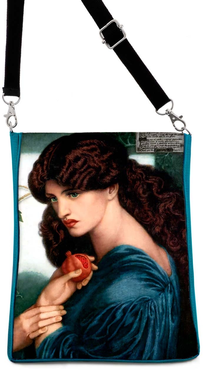 Printed LARGE shoulder bag purse in shimmering silk-mix and print. Dante Gabriel Rossetti's Persephone.