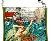 Printed shoulder bag purse. Arthur Rackham, Undine the Mermaid.  Satin print with grass green silk mix.