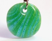 SALE / CLEARANCE : Aqua Bubbles and Green Stripes. A fused glass pendant necklace.