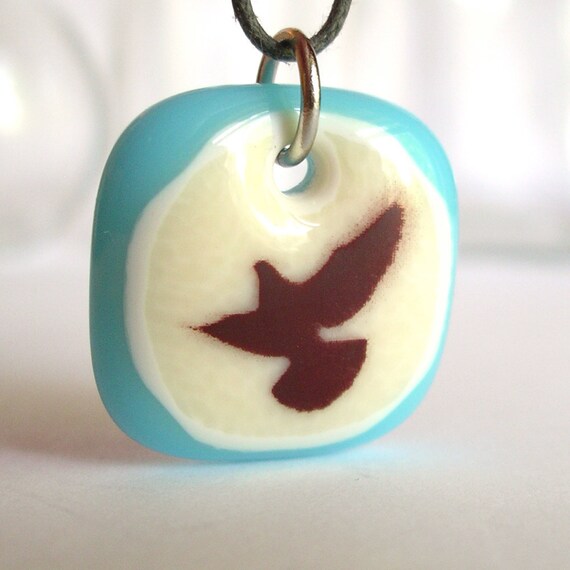 Flight. Bird Pendant. Glass Jewelry in Vanilla and Aqua.