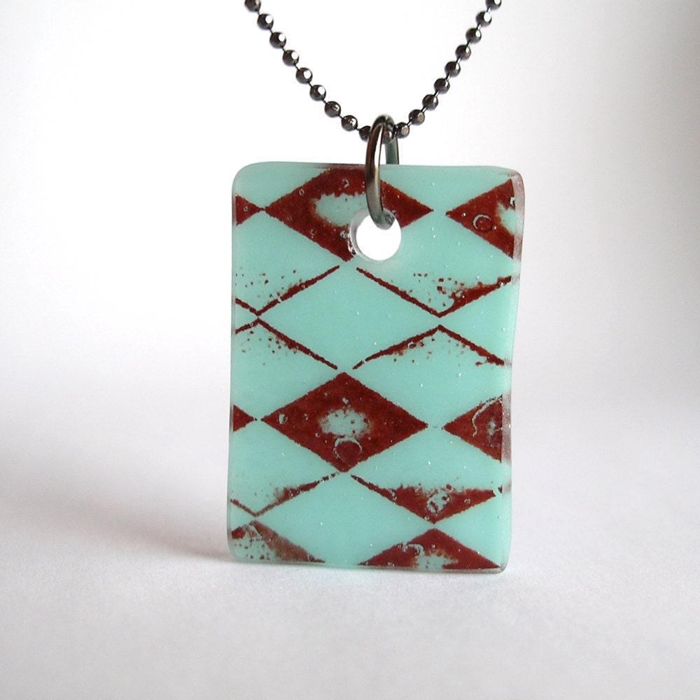 Diamond Plaid on Aqua. Argyle. A Glass Pendant Necklace.