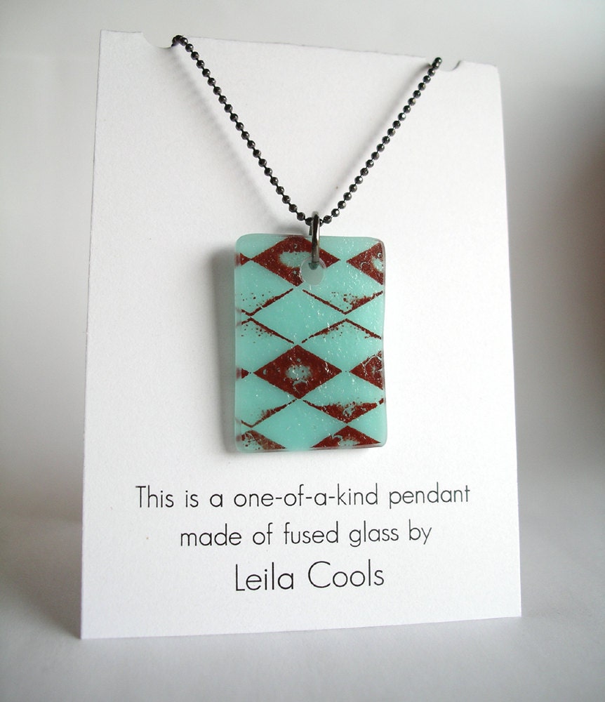 Diamond Plaid on Aqua. Argyle. A Glass Pendant Necklace.
