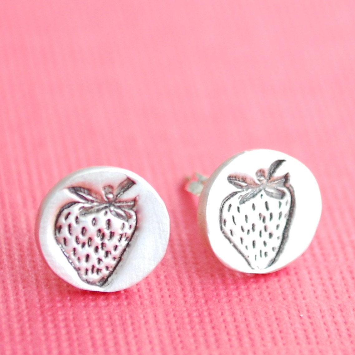STRAWBERRY earrings, eco-friendly silver studs.  Handcrafted by Chocolate and Steel