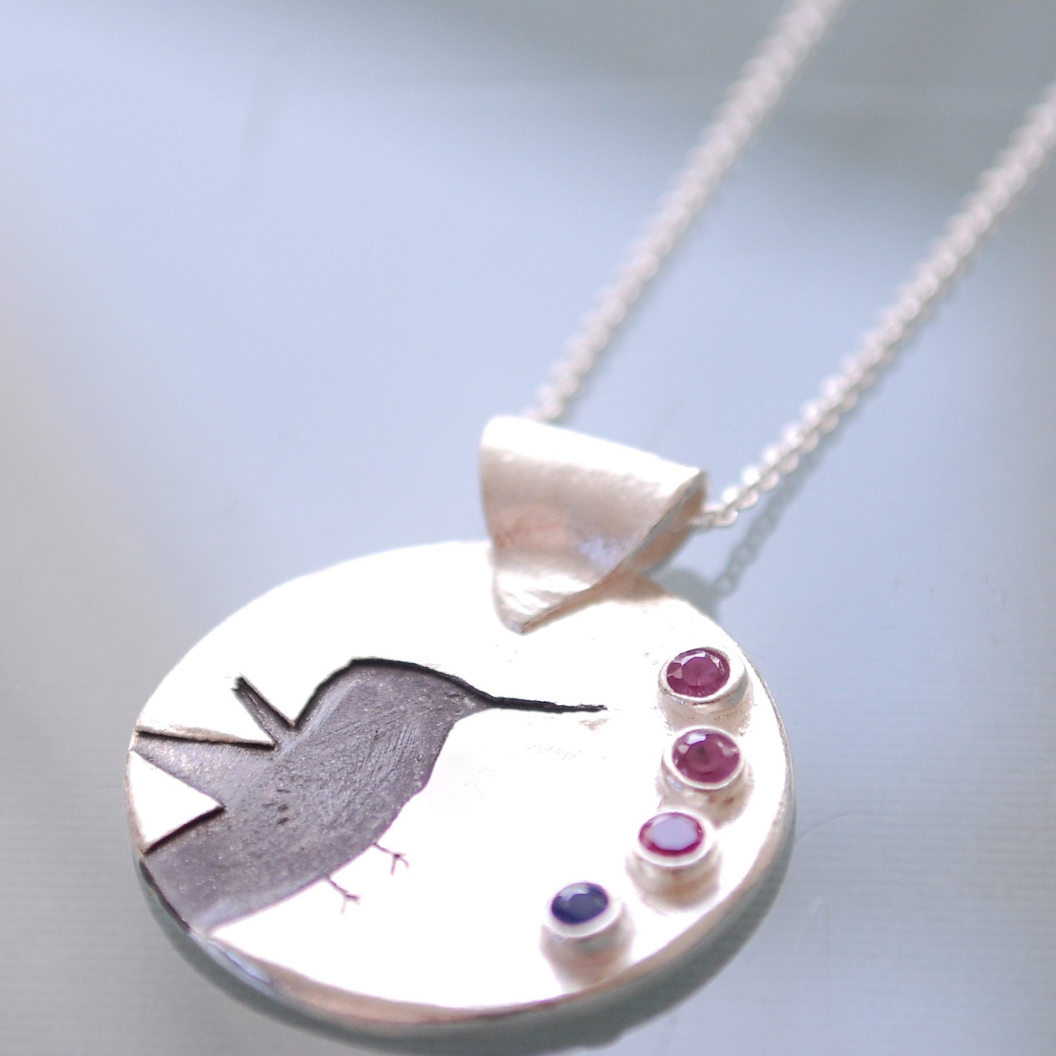 HUMMINGBIRD necklace, personalized birthstone silver pendant, eco-friendly.  Handstamped and Handcrafted by Chocolate and Steel