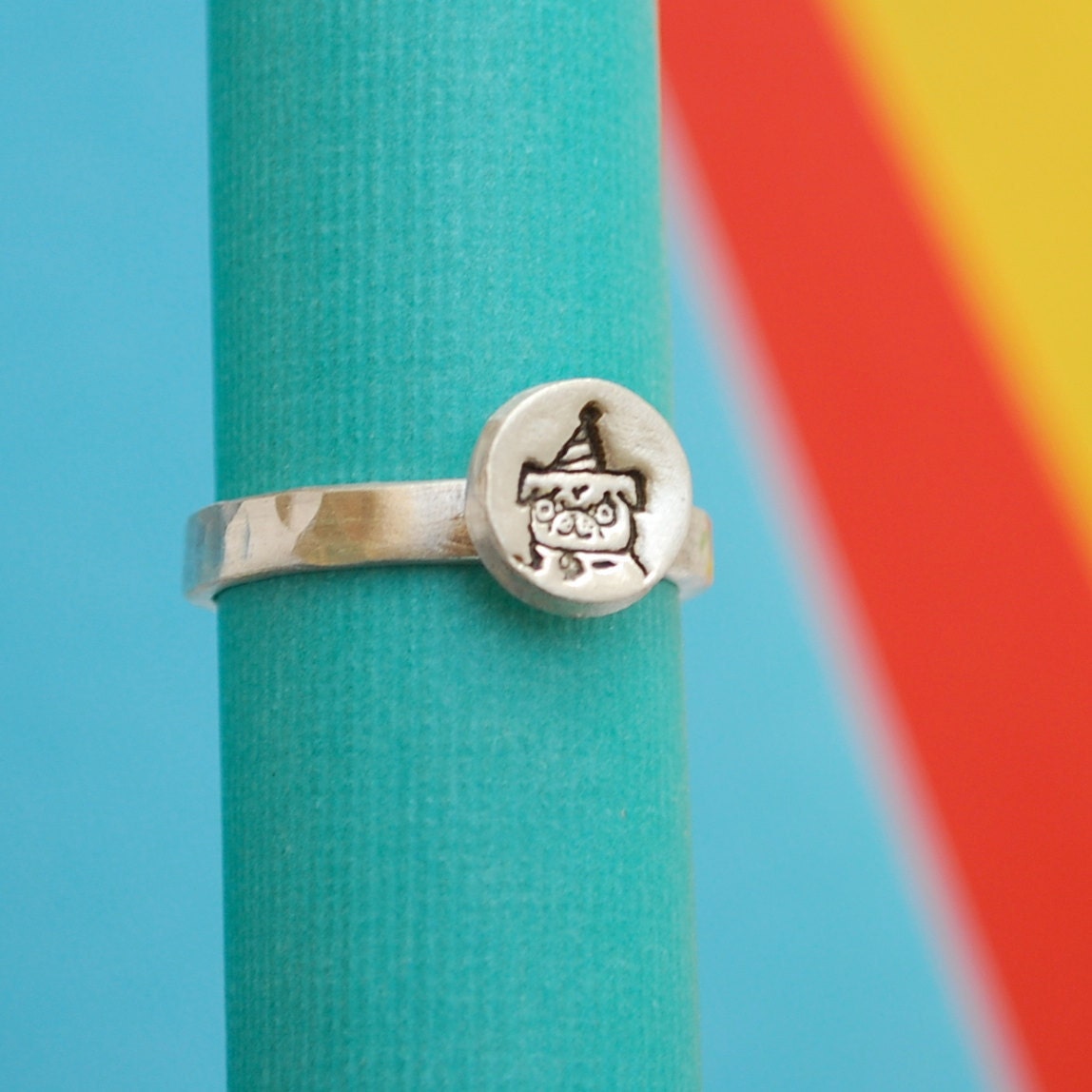 PUG ring stacker, party hat pug illustration by GEMMA CORRELL, eco-friendly silver.  Hancrafted by Chocolate and Steel.