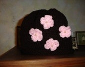 Hand Knit Brown Hat  with Pink Flowers 