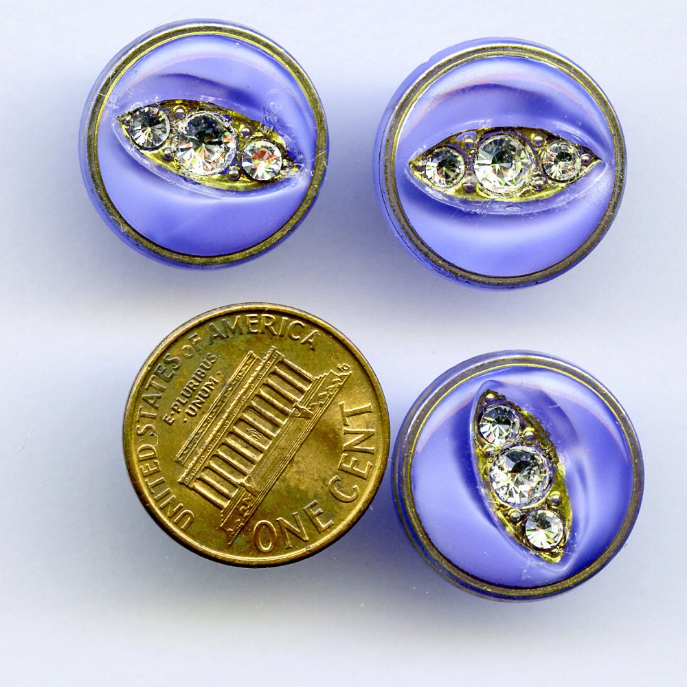 BLUE Moonglow Buttons with Rhinestones Matching Set of 3  Glass With Gold Luster 3/4 inch size 7994