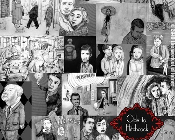 Ode to Hitchcock ... LARGE 13x19 inch limited edition print ... all of el's Alfred Hitchcock inspired art in one mysterious montage