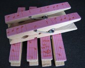 Sale - Set of 12 - Musical Decoupaged Clothespin Clips - Red on Pink