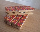 LAST ONES - Cute Multicolor Hearts on Red - Set of 6 - Clothespin Clips