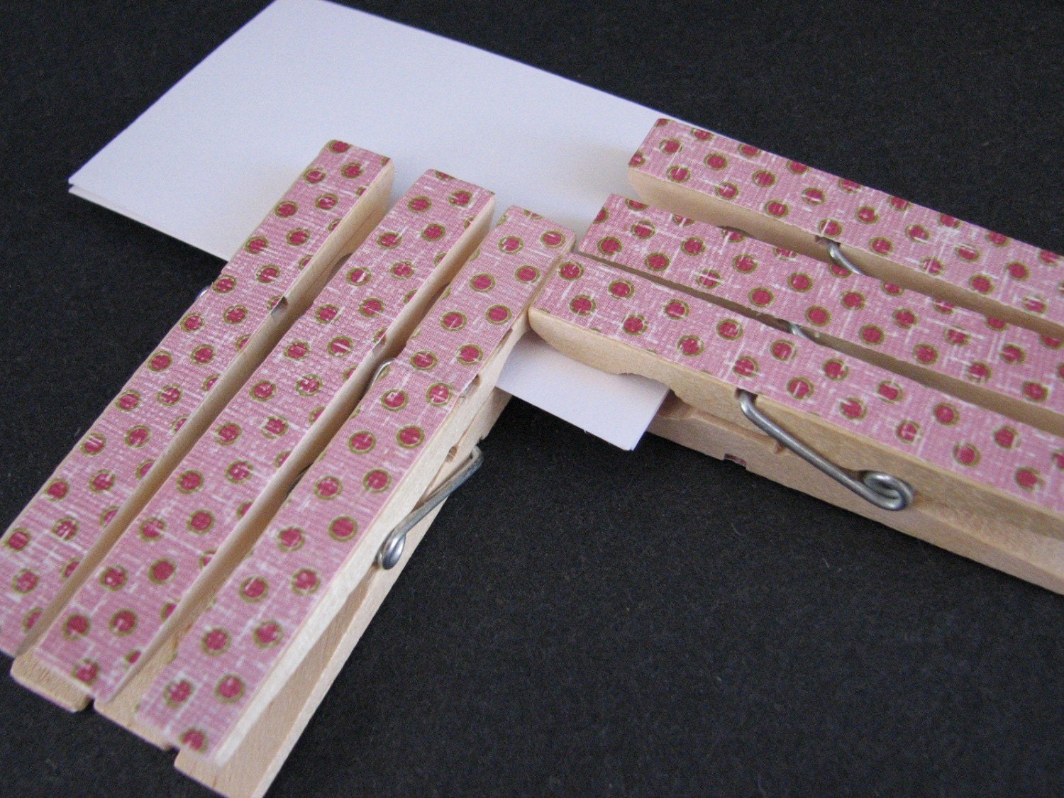 SALE - Set of 12 - Decoupaged Clothespins Clips - Pink and Red Dots