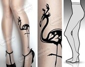 Large/Extra Large sexy white FLAMINGO with horns tattoo Full Lenght  tights / stockings / pantyhose / nylons WHITE