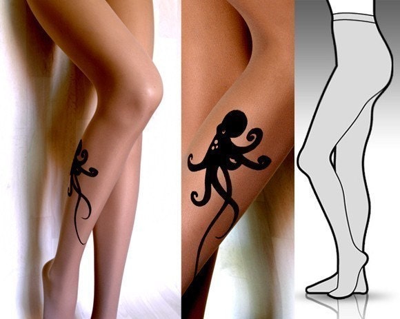 Small/ Medium sexy OCTOPUS tattoo tights / stockings /  full length /  pantyhose / nylons DEEP MOCHA