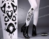sexy SKULLS and HEARTS TATTOO thigh-high socks white
