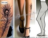 Small/ Medium sexy PEACOCK FEATHER tattoo tights / stockings / full length / pantyhose / nylons Light Mocha