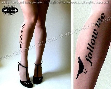 XS-S-M sexy, funny and flirty FOLLOW ME twitter Tattoo thigh-high stockings Light Mocha