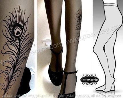 SMALL/MEDIUM gorgeous peacock feather tattoo tights / stockings/ full length / pantyhose / nylons Dark GREY