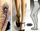 Small/Medium  gorgeous PEACOCK FEATHER tattoo tights / stockings/ full length / pantyhose / nylons Ultra Pale