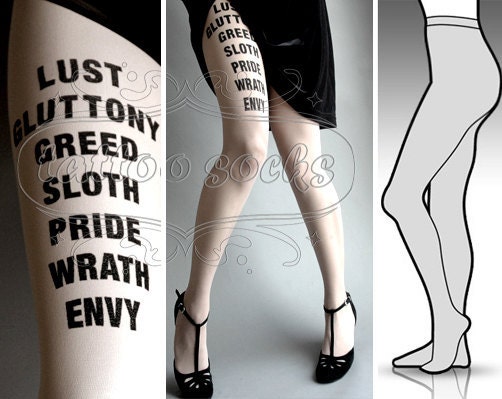 s/m sexy 7 Deadly Sins tattoo tights / stockings / full length / pantyhose / nylons WHITE