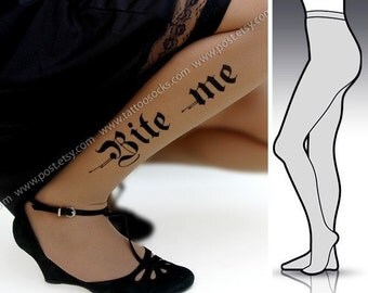 s/m sexy HALLOWEEN BITE ME tattoo tights / stockings / full length / pantyhose / nylons caffe latte