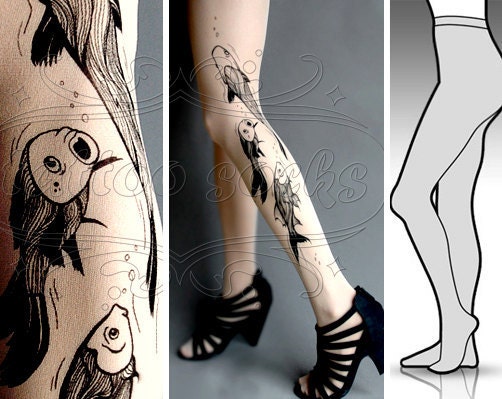 new: L/XL sexy Aquarium tattoo tights / stockings /  full length /  pantyhose / nylons Ultra Pale