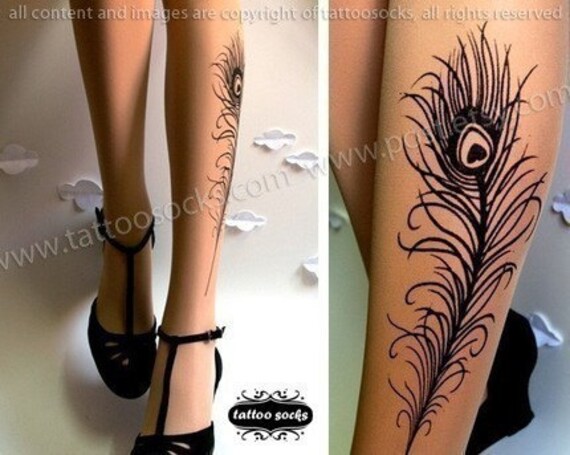 sexy PEACOCK FEATHER TATTOO gorgeous knee-high socks light mocha