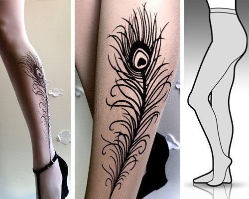 Large/Extra Large sexy PEACOCK FEATHER Tattoo tights / stockings full length pantyhose WHITE