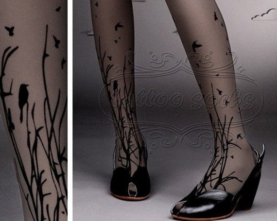 fabulous FOREST SYMPHONY tattoo thigh-high nylons GREY
