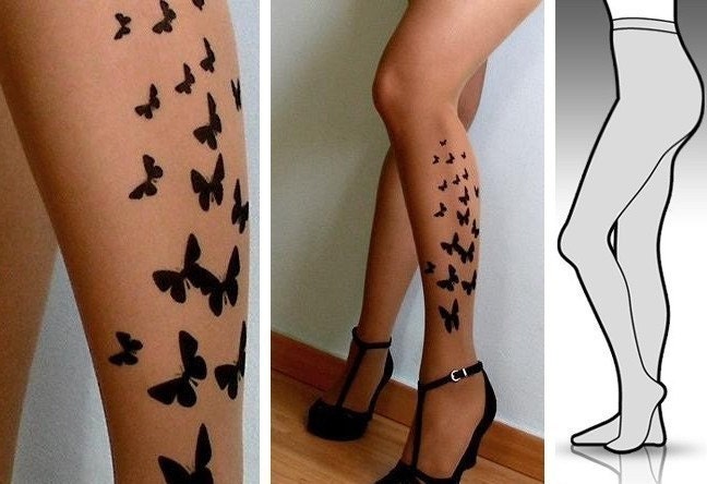 Large/ Extra Large  sexy BUTTERFLY tattoo tights / stockings / full length / pantyhose / nylons CAFE LATTE