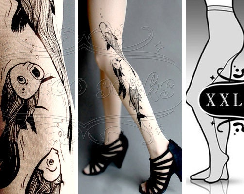new: XXL sexy Aquarium tattoo tights / stockings / full length / pantyhose / nylons Ultra PALE